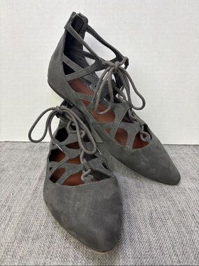 MIA Gray Suede Lace-Up Cutout Pointed Flats Anamarie